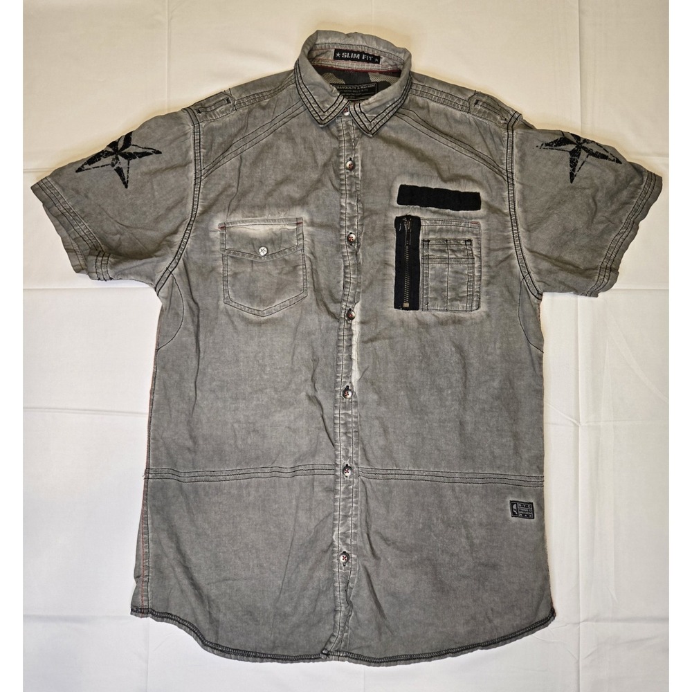 Tranquility‎ & Mayhem Slim Fit Mens Med Button Short Sleeve Shirt Grey Military